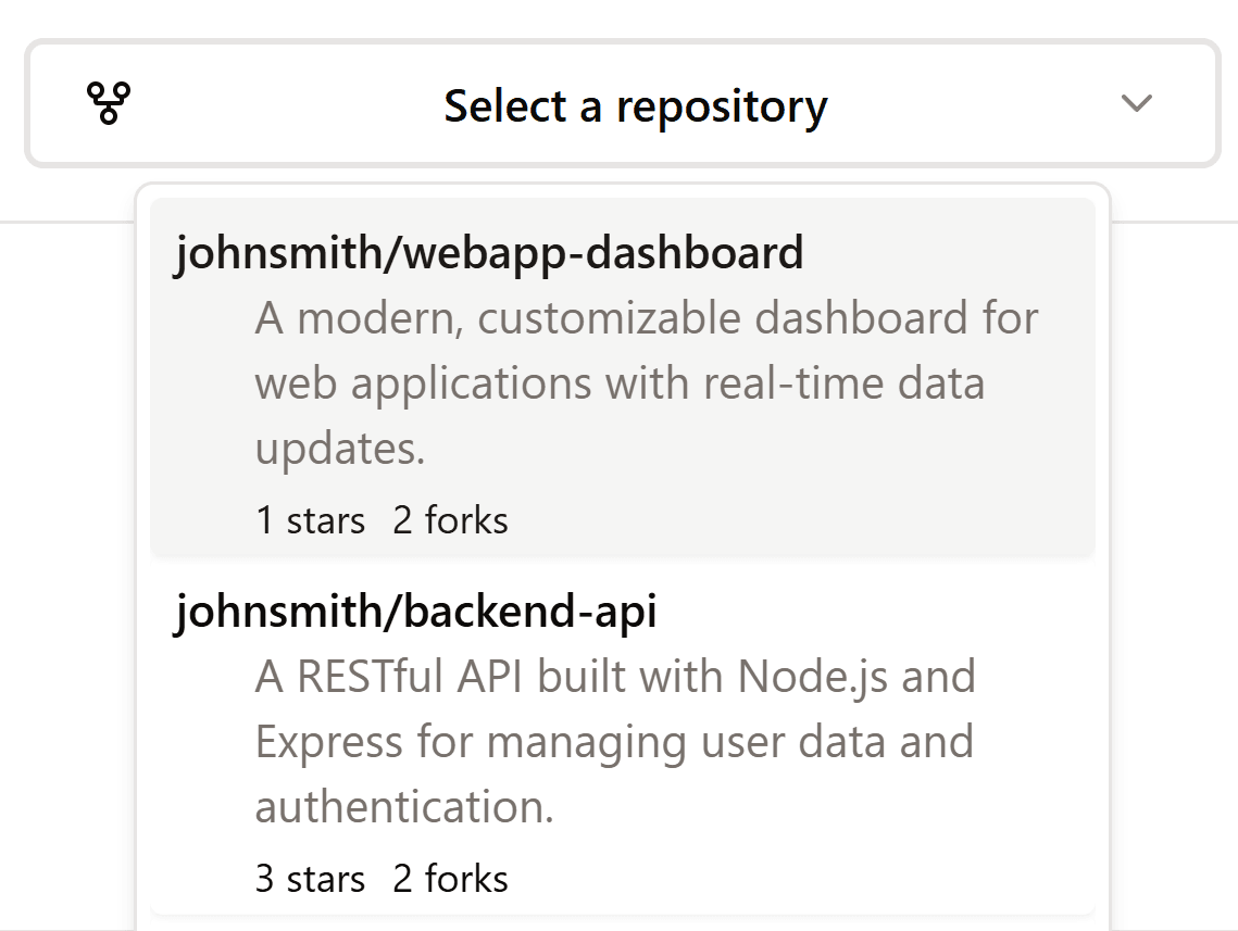 Select repository interface showing a list of GitHub repositories