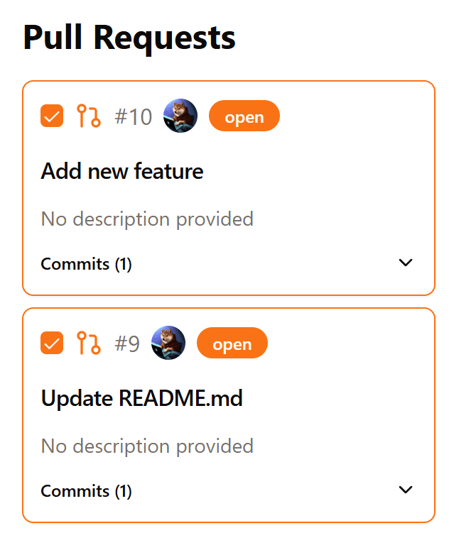 Interface showing pull requests and commits selection